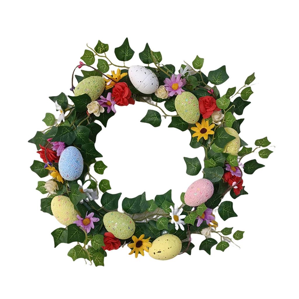 Easter Wreath with Pastel Eggs Front Door Wall Hanging Artificial Green Leaves Garland for Party Holiday Home Garden Decoration