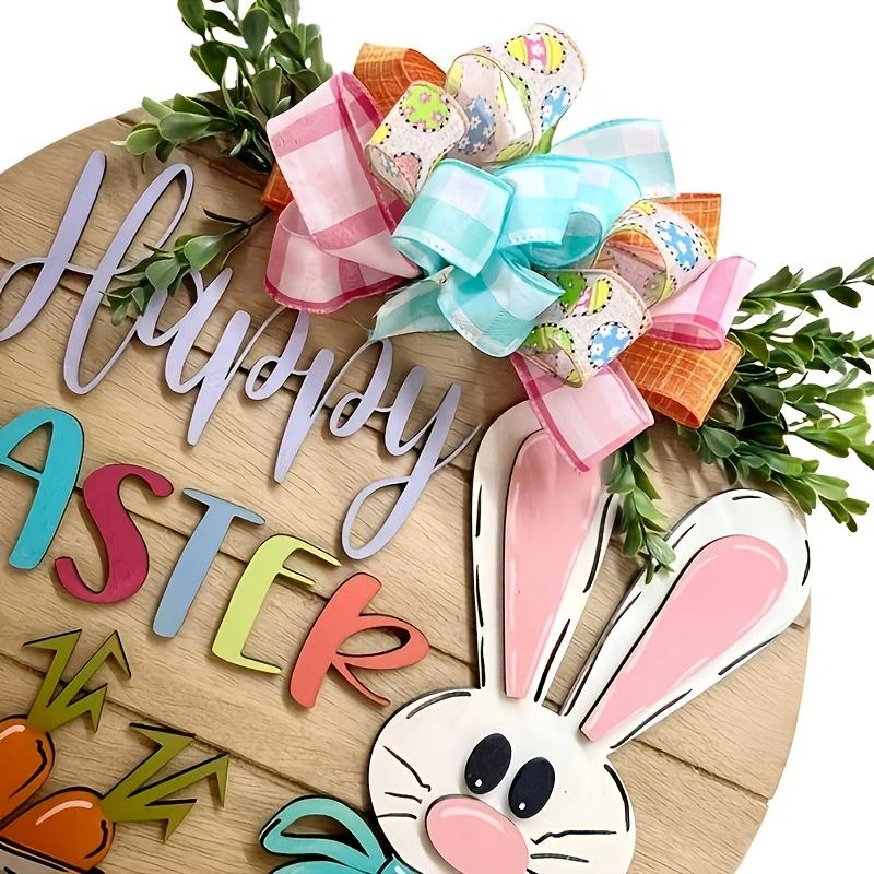 Wooden Easter Bunny Door Decoration with 3D Rabbit & Floral Wreath-Happy Easter Lettering,Spring Welcome Door Hanger,Party Decor