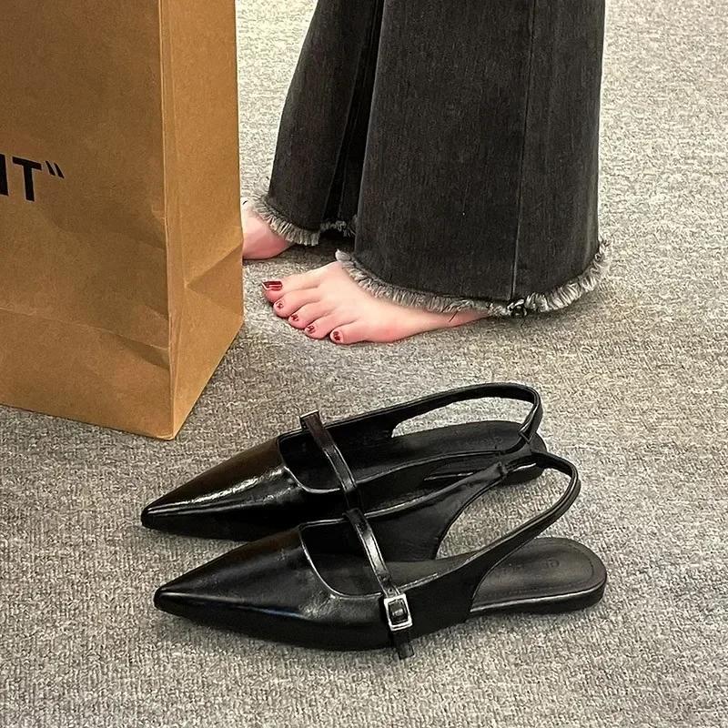Fashion Sandals for Women 2025 New French High-end Pointed Toe Low-heeled Single Shoes Slip-on Temperament Baotou Flat Shoes for Women's