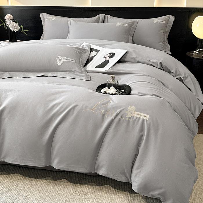 Luxury Pure Cotton Flannel Four-Piece Bedding Set: Solid Color Embroidered Bed Sheet & Duvet Cover Gift.
