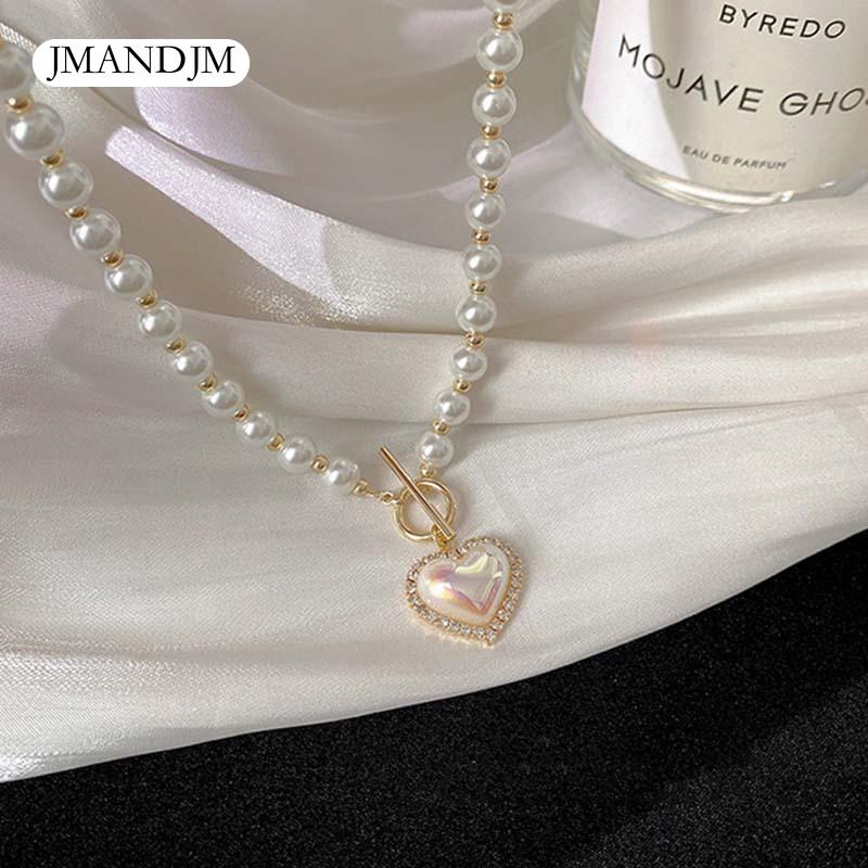 Nytt elegant perleperlekjede for kvinner Damemote Rhinestone Shell Heart Pendent Halskjede Choker smykker LXY