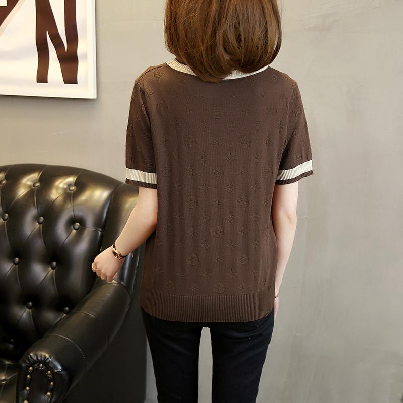 Summer New Design Ice Silk Knitted Short-sleeved Color Matching Round Neck Loose T-shirt Contrasting Color Foreign Style Top Thin Bottoming Shirt