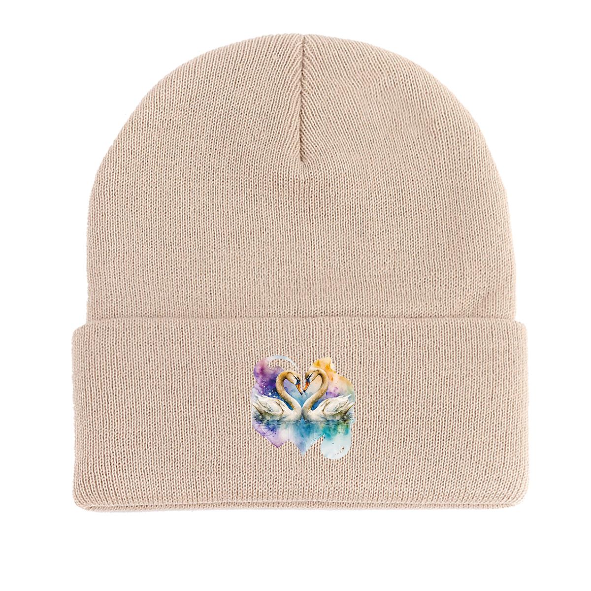 

Swan Couple Warm Knitted Hat Beanie, Heart Skull Cap Lightweight Candy Color Headwear Gorro Knit Cap Beanie as the picture бежевый
