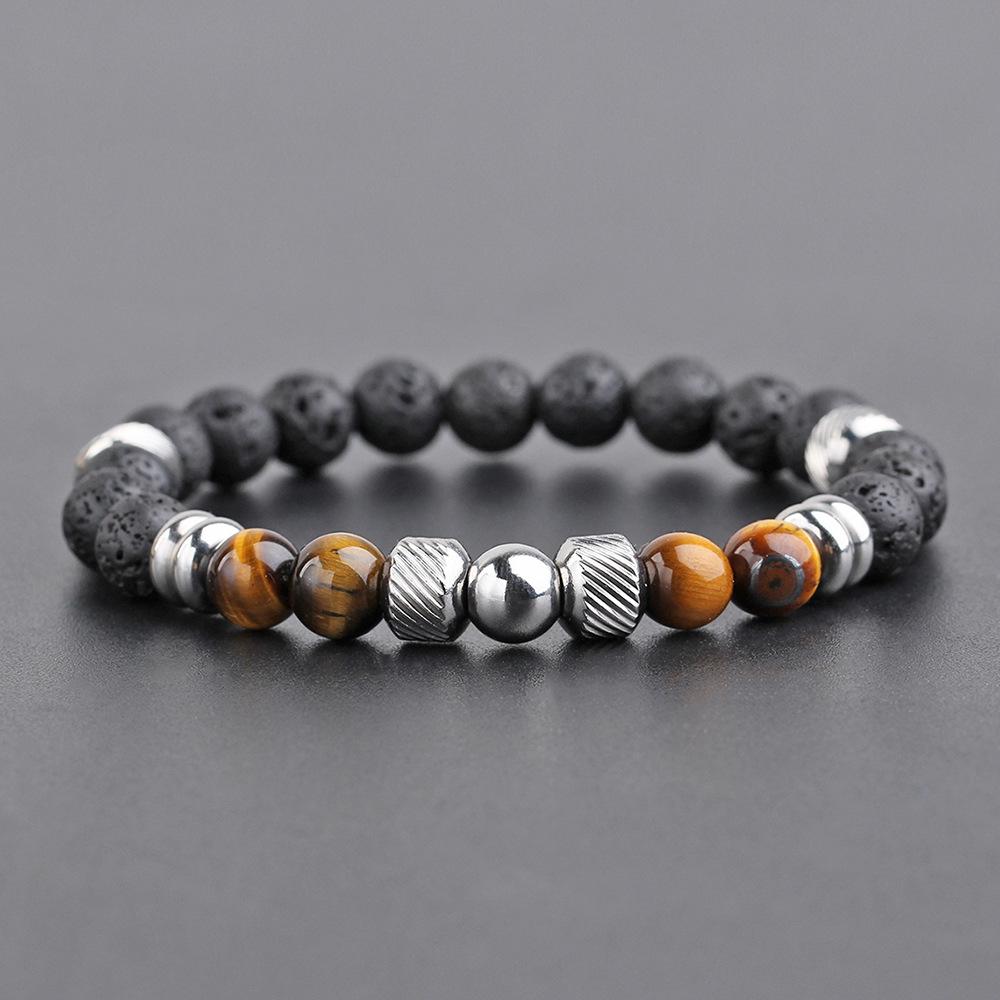 Men s Trendy Tiger Eye  Volcanic Stone Beaded Bracelet with Stainless Steel Accents