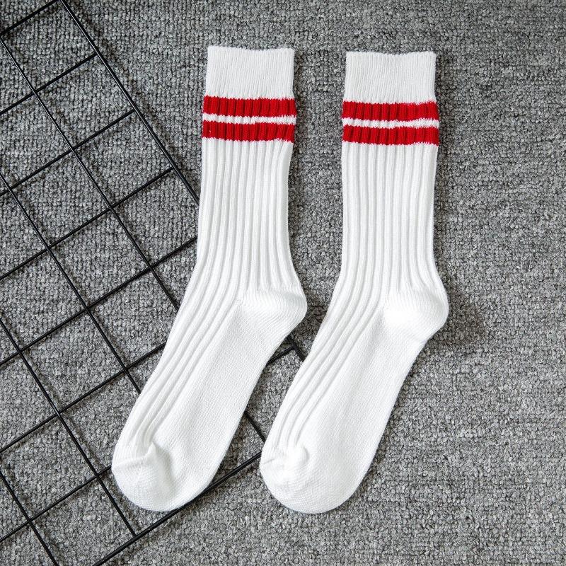 Fall/Winter Men's Double-Stitch Thick Stripes Mid-Calf Socks Men's Trend White Double Stripes Long-Sleeved Cotton Men's Socks