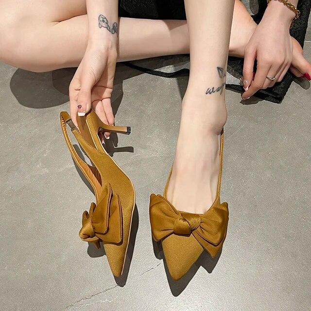 

Летние брендовые женские сандалии с открытой пяткой, 7 см, модные женские элегантные модельные туфли-лодочки без шнуровки с острым носком и бантом 40