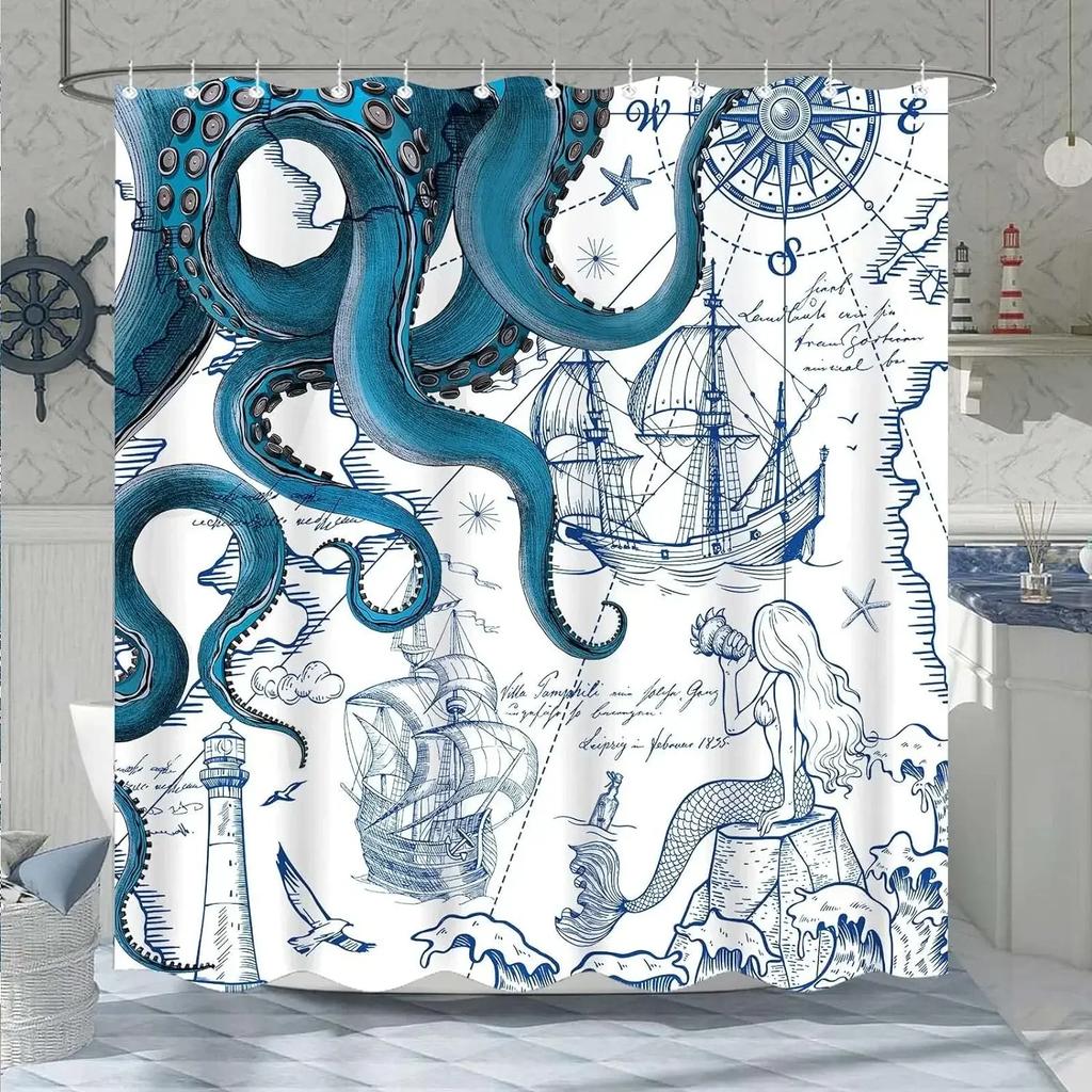 Vintage Nautical Octopus Shower Curtain Blue Mermaid Funny Ocean Kraken Anchor Coastal Map Polyester Fabric Bath Curtain Decor