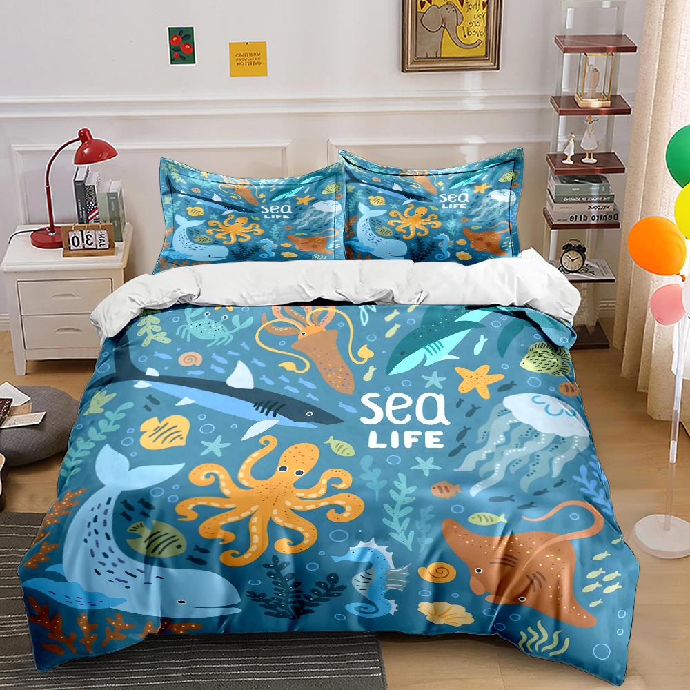 Cartoon Sea Life Illustration Print Soft Comfortable Duvet Cover Bedding Set Included 1*Duvet Cover 2*Pillowcases Luxury Gifts