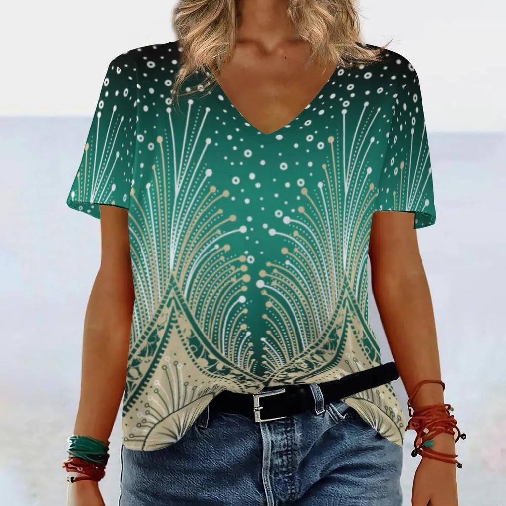 Summer V-neck 3D Gradient Printed Top Fashionable Casual Short Sleeved Women's T-shirts