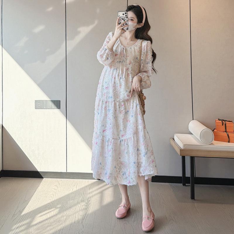 2026 Spring Floral Maternity Long Sleeve Dress - French, Loose, Age-Reducing, Plus Size L