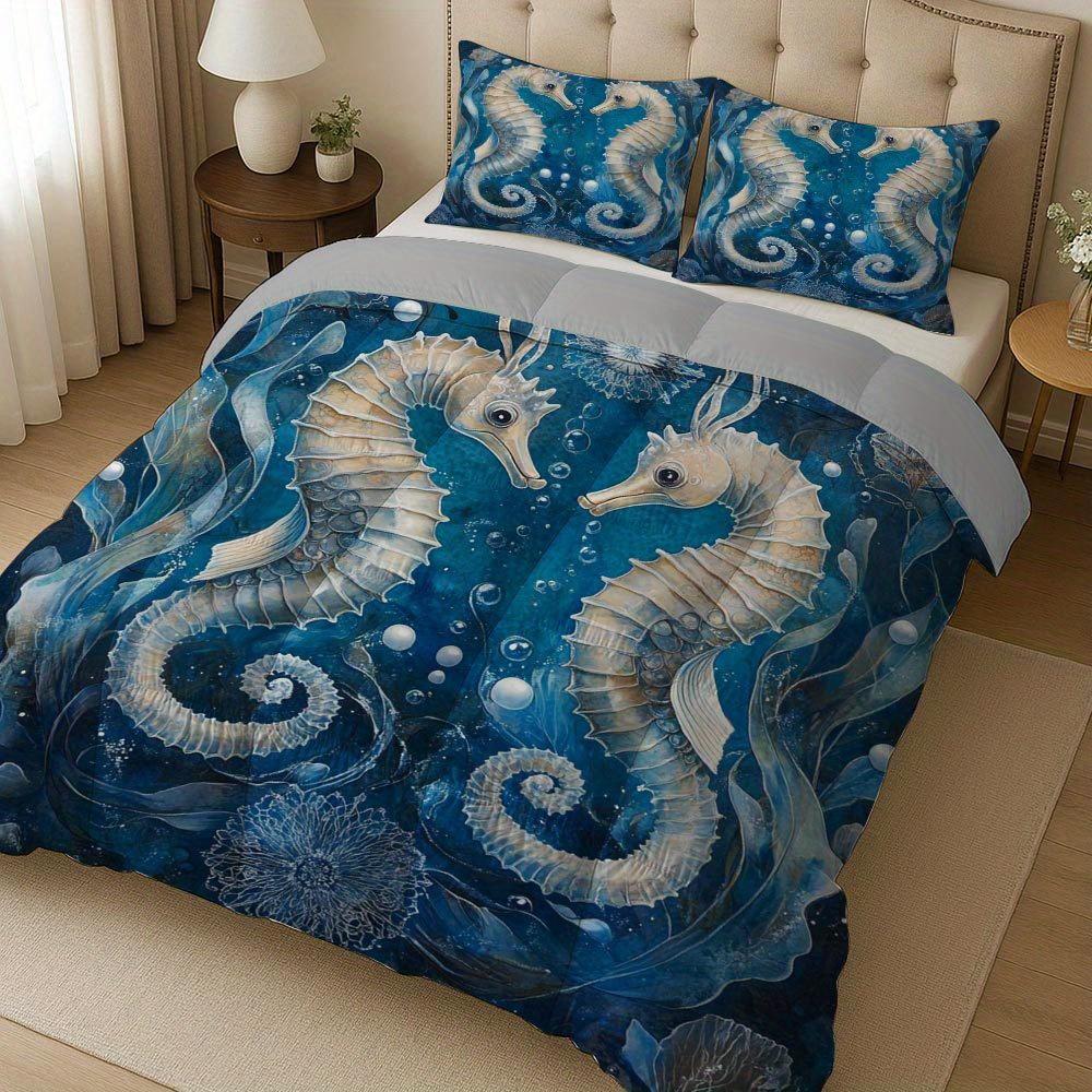 Latacaca 3-teiliges Elegantes Seepferdchen-Quilt-Set - Unterwasser-Themen-Bettwäsche-Set mit 1 Quilt & 2 Kissenbezügen, Maschinenwaschbares Polyester