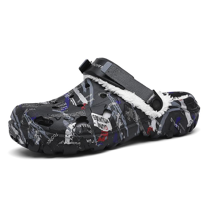 Herbst und Winter Herren Baumwoll-Schlupfschuhe mit Fleecefutter für draußen, Geschlossene warme Sandalenschuhe, Tägliche Schlupfschuhe