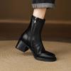 Autumn and Winter Leather High Heel Knight Boots Women's Rubber Sole Square Heel Round Head Korean Comfortable Side Zipper Women's Medium Boots