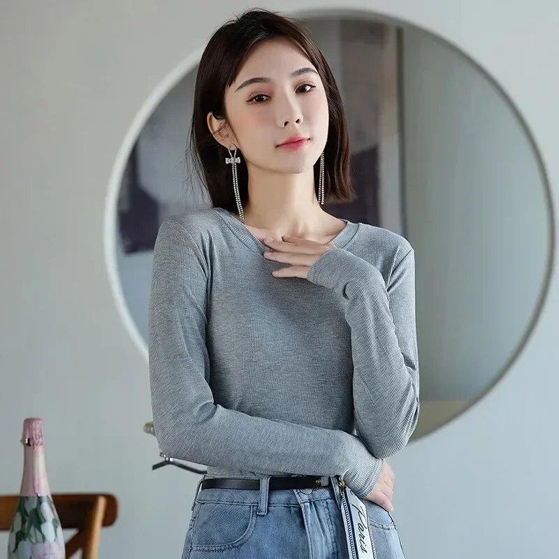 Herbst Y2K T-Shirt Mode Winter Lange-sleeve Bodenbildung Shirt Casual Frauen Oansatz Lose Kleidung Schwarz T-shirt Blusas 29769