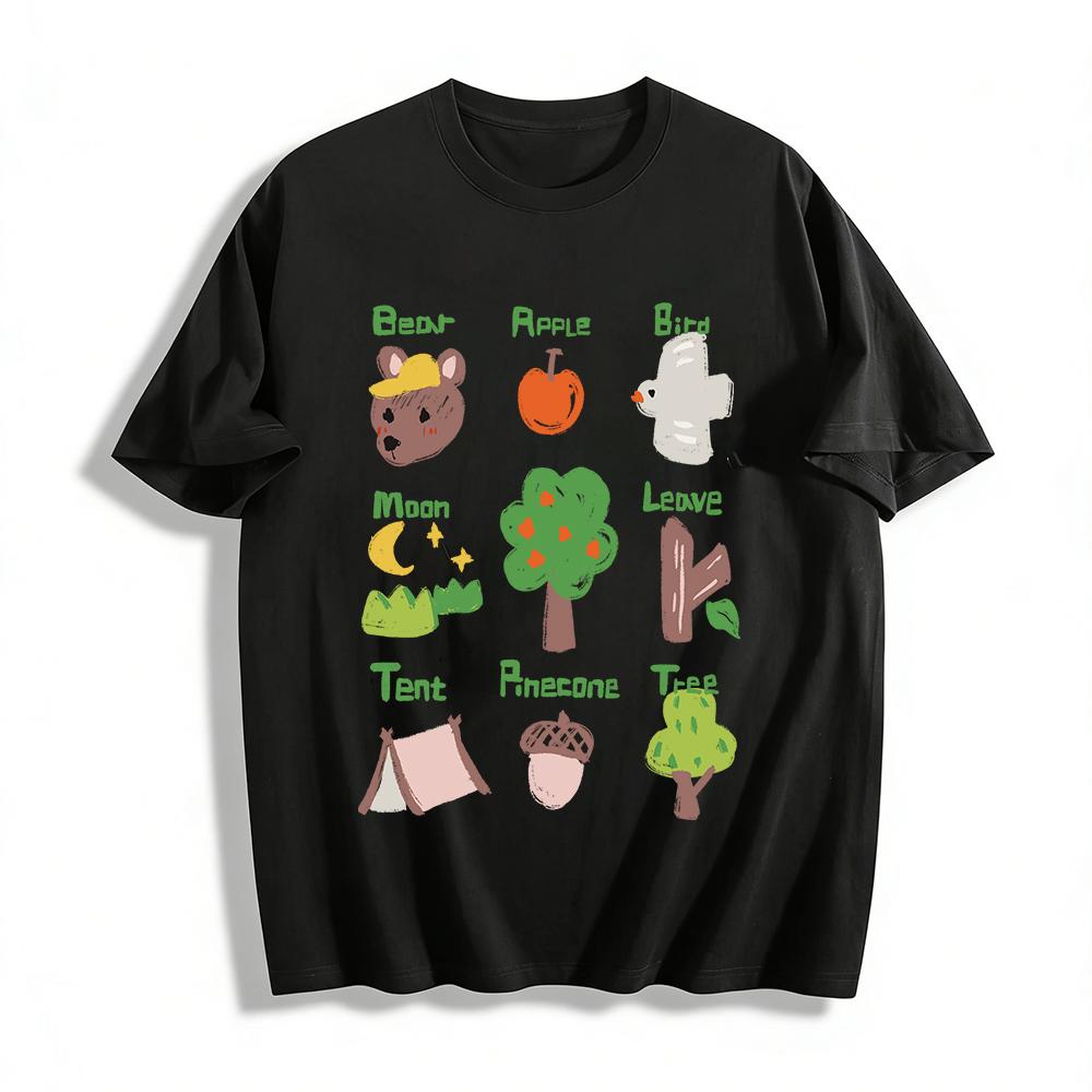 

Cute Forest Themed Kids T-shirt Bear Bird Apple Print Casual Breathable Comfy Top Pure cotton T-shirt XXS