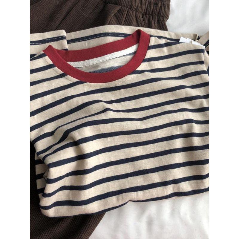 

Yarn-Dyed Stripes Thin Cotton Early Autumn Casual Long Sleeves T-shirt Red Collar M