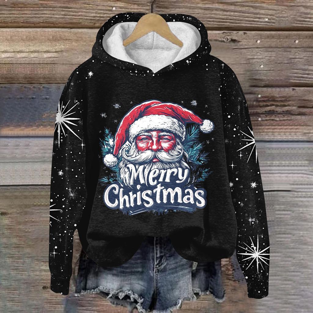 Women's Fashion Pullover Plunging Sleeve Christmas Printed Hooded Sweatshirt