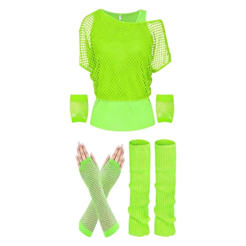

5Pcs Fishnet Outfit For Music Festival Cosplay Including Sleeve Wristbands And Thigh Highs Traditional Festival Clothing XL зелений