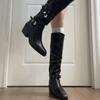 Winter Belt Buckle Women Knight High Boots Elegant Thick Heel Shoes Female Vintage Square Toe Slim Long Booties Zapatos De Muje