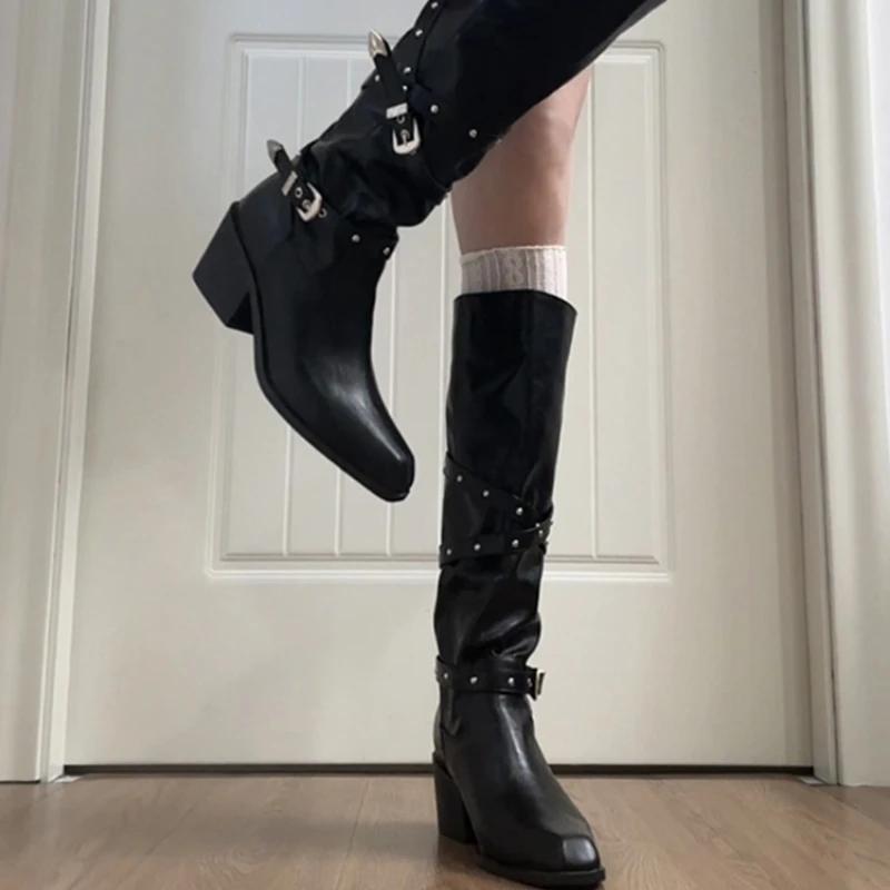 Winter Belt Buckle Women Knight High Boots Elegant Thick Heel Shoes Female Vintage Square Toe Slim Long Booties Zapatos De Muje