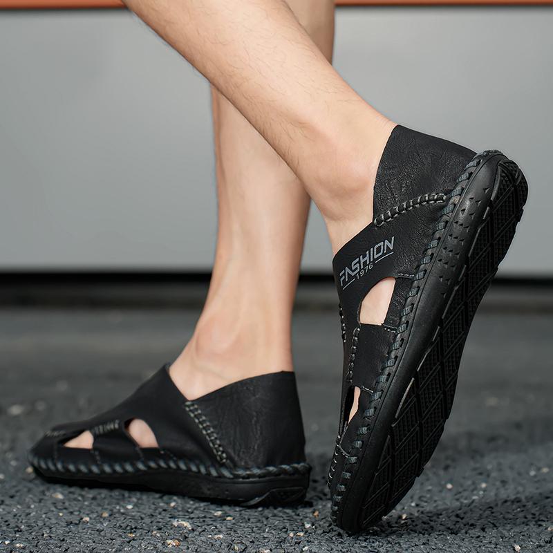 Мужские сандалии черные кожаные кроссовки для походов с закрытым носком — фото 15