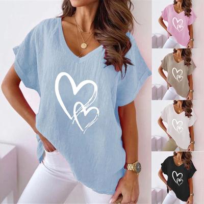 2023 Summer European American Hot Couple Love Print V-neck Cotton Linen Bat T-shirt Women