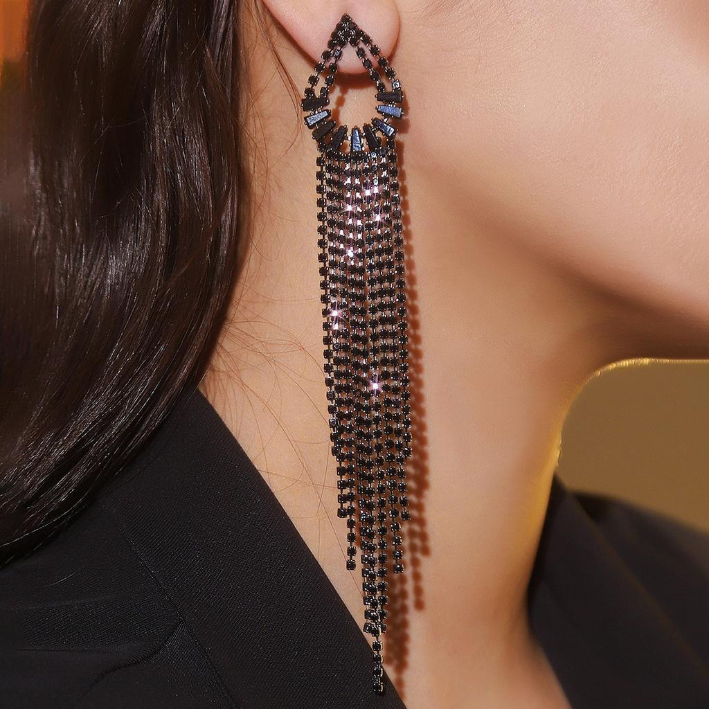 Stylish black electrophoresis long fringed earrings