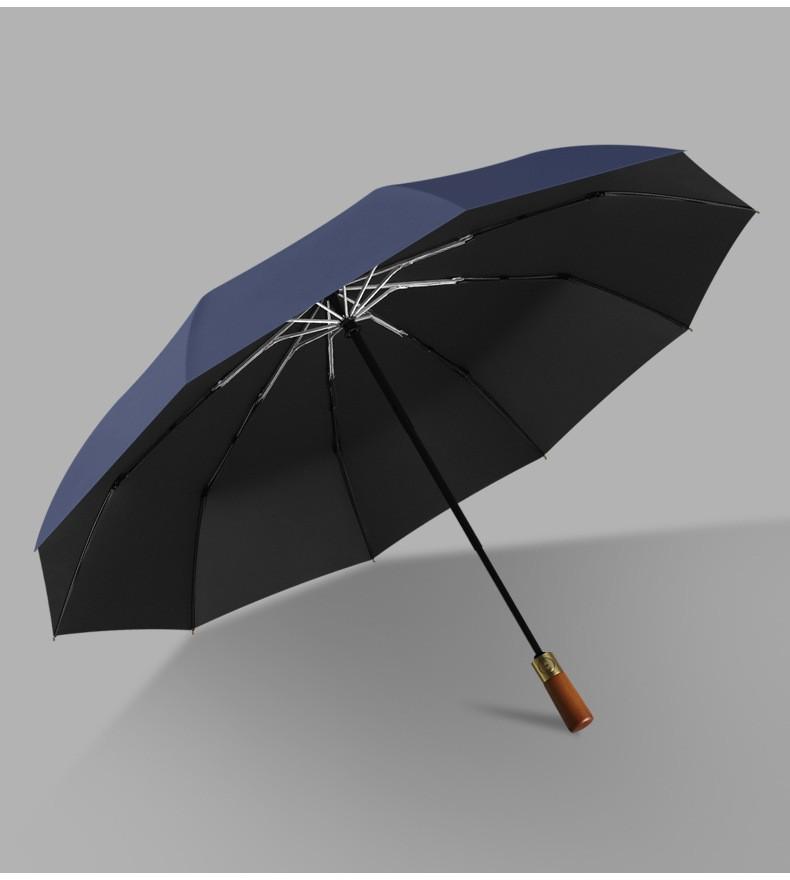 115Cm Three-Fold Automatic Double Umbrella Solid Wood Handle Aluminum Alloy Skeleton Vinyl Fabric Folding Printing Logo Umbrella
