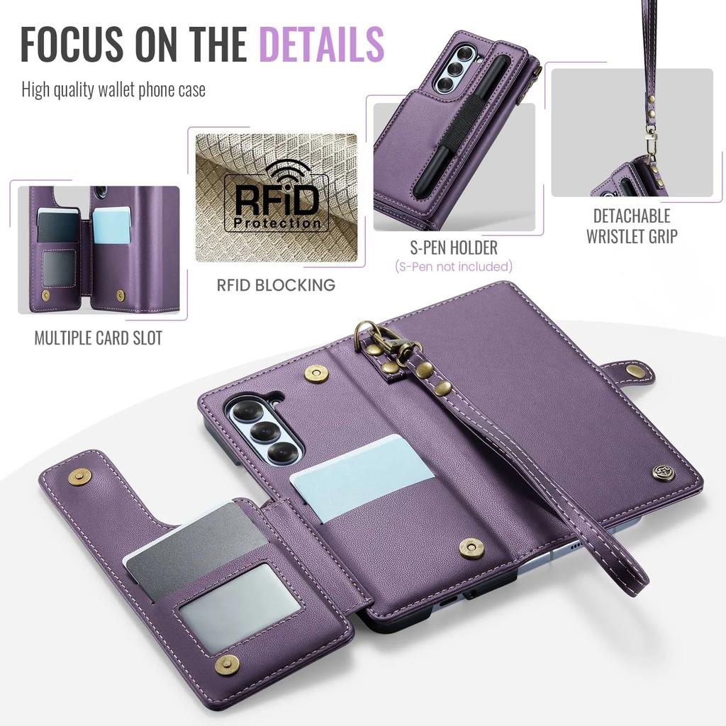 Custodia per Samsung Galaxy Z Fold 6 con Slot Portapenna, Custodia Portafoglio Blocco RFID per Galaxy Z Fold 6 con Cinturino da Polso