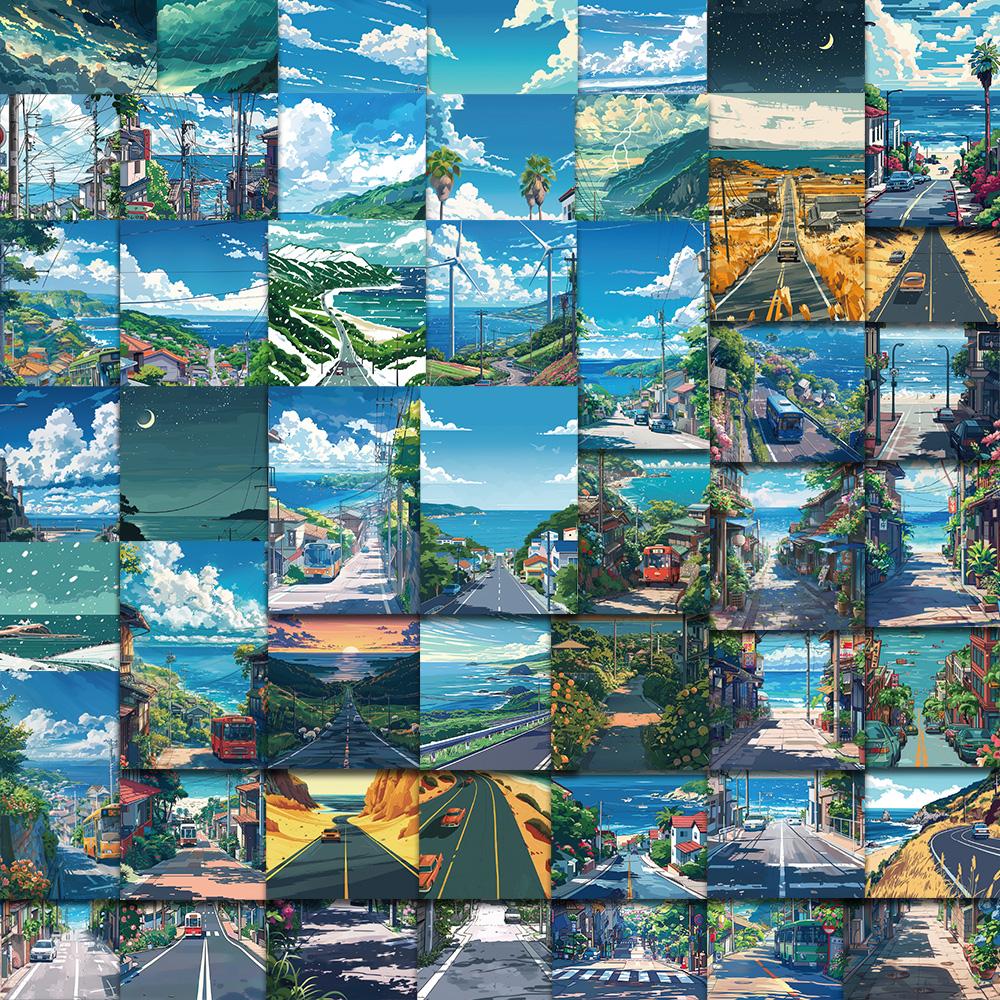 

50PCS The road leading to the sea Sticker Original Fun Square Notebook Laptop Luggage Cafe Cartoon Waterproof Phone Stickers