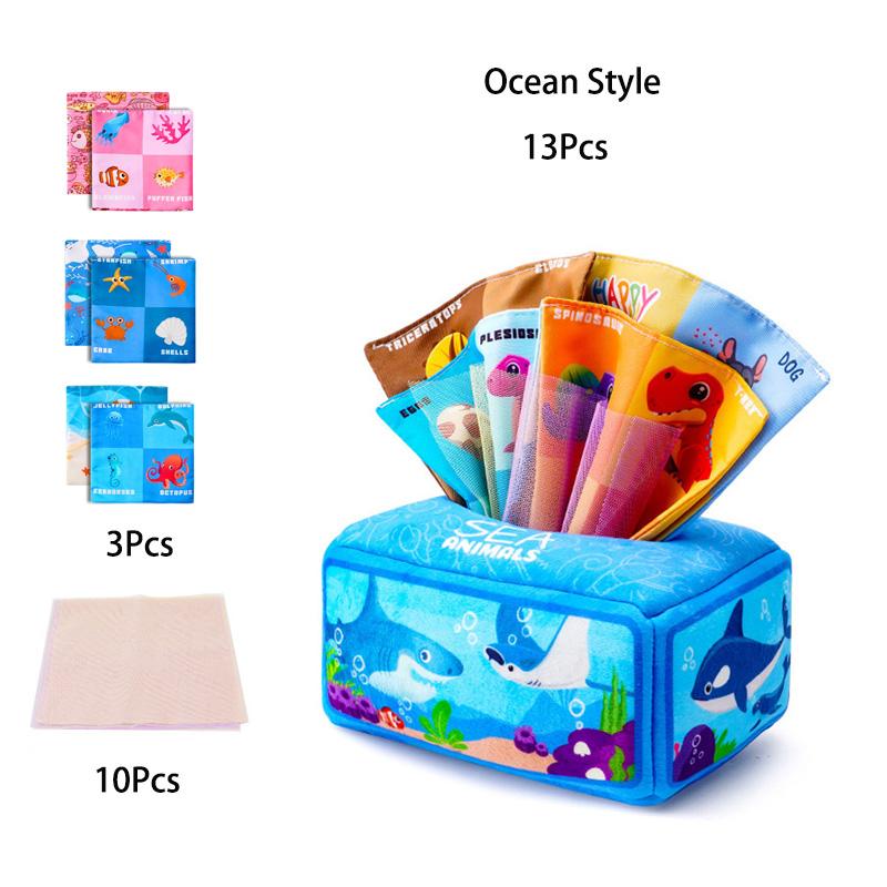 Montessori Baby Tissue Box Towel Soft Cloth Toys Toddler Finger Exercise Educational Learning Activity Sensory Plush Toy for Kid