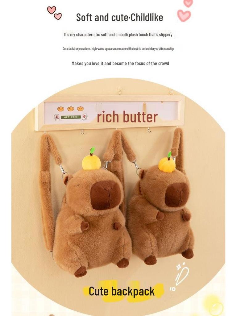 Capybara Cartoon Orange Plush Backpack: Women's Large Fuzzy Double Shoulder Bag