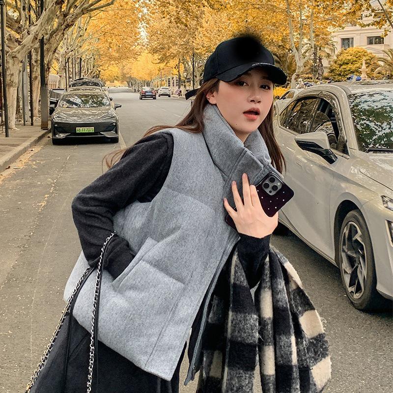 Short Down Cotton Vest Women's  Korean Fashion  Stand-up Sleeveless Zipper Student Vest Jacket Black Gray Waistcoat Tide