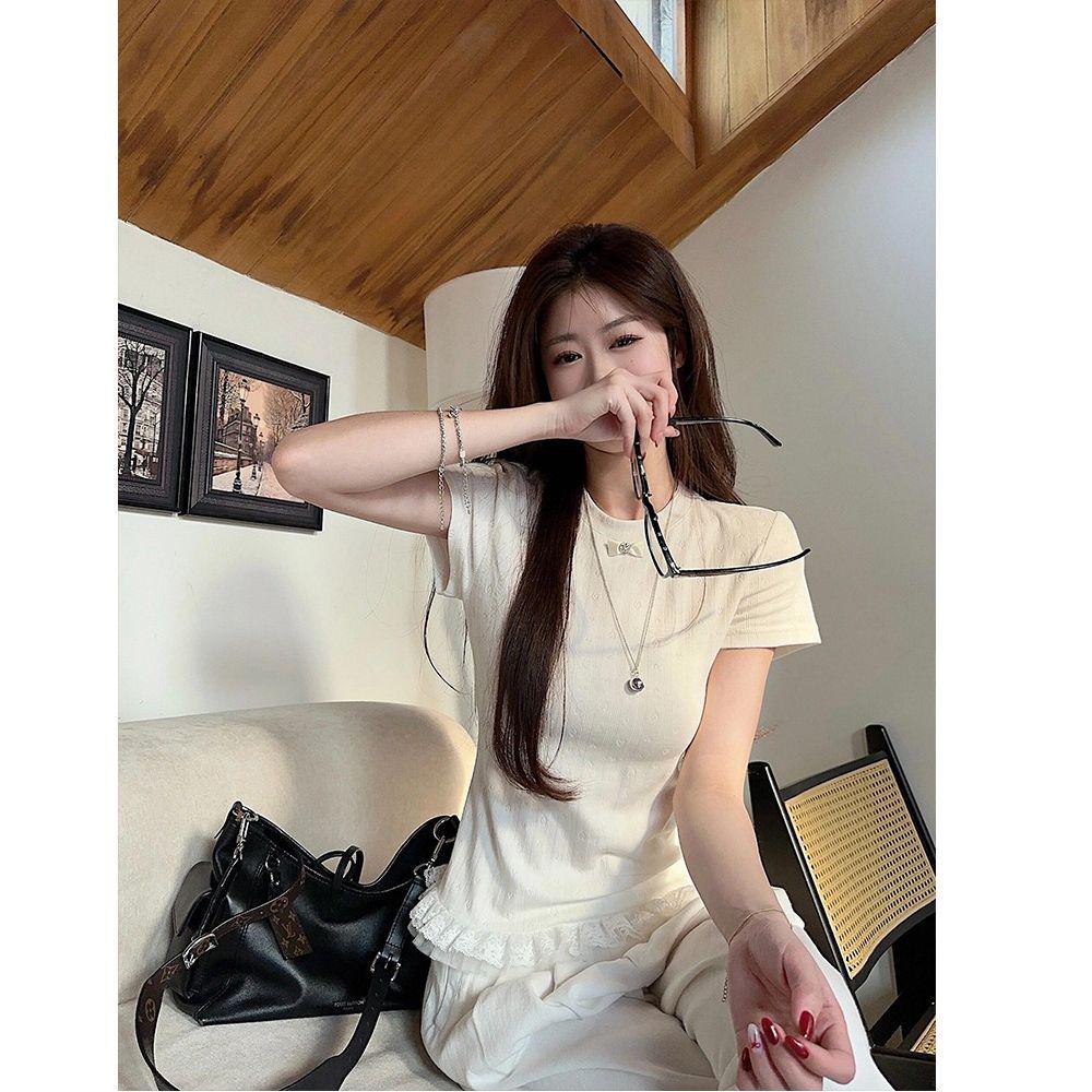 

Летняя женская корейская шикарная футболка с кружевной отделкой на плечах L - Premium Quality белый