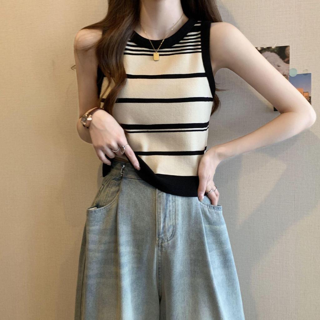 Women's Contrast Knit Striped Off-Shoulder Camisole: Trendy French Slim-Fit Sleeveless Summer Top