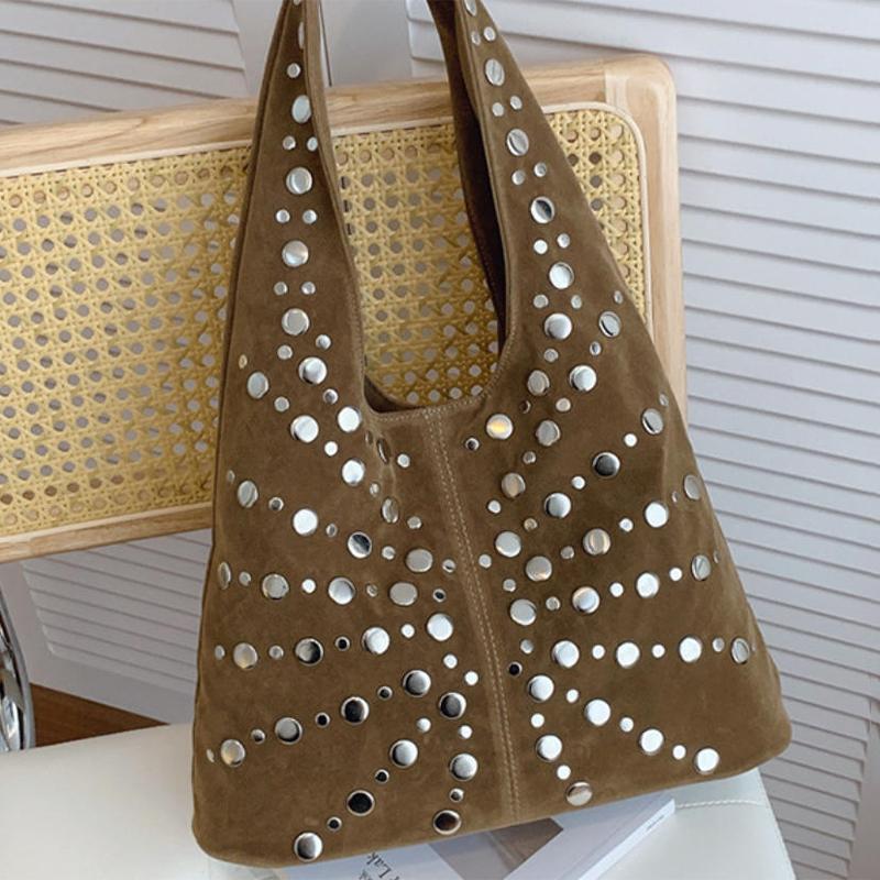 European American Fashion Tote Bags Stylish Shoulder Bags With Studs Dots New Suede Handbags Versatile Solid Color Commuter Bags