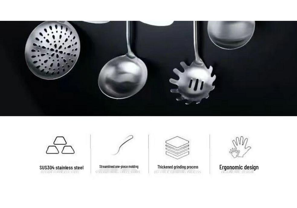 304 Stainless Steel Kitchen Tool Set: Spatula, Soup Ladle, Wok Spatula, Strainer, and Spoon - Anti-scalding, Thickened Design.