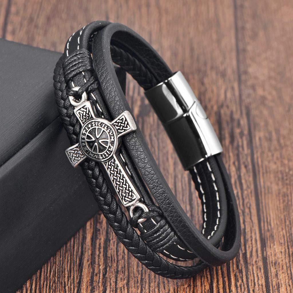 Cross Leather Rope Cowhide Men's Double Layer, Bracelet Braided Bracelet Handmade Multilayer Leather Bracelet