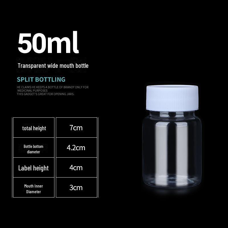 

Прозора ПЕТ-пляшка з широким горлом та герметичною кришкою – розміри 30 мл, 50 мл, 100 мл, 500 мл 50 ml