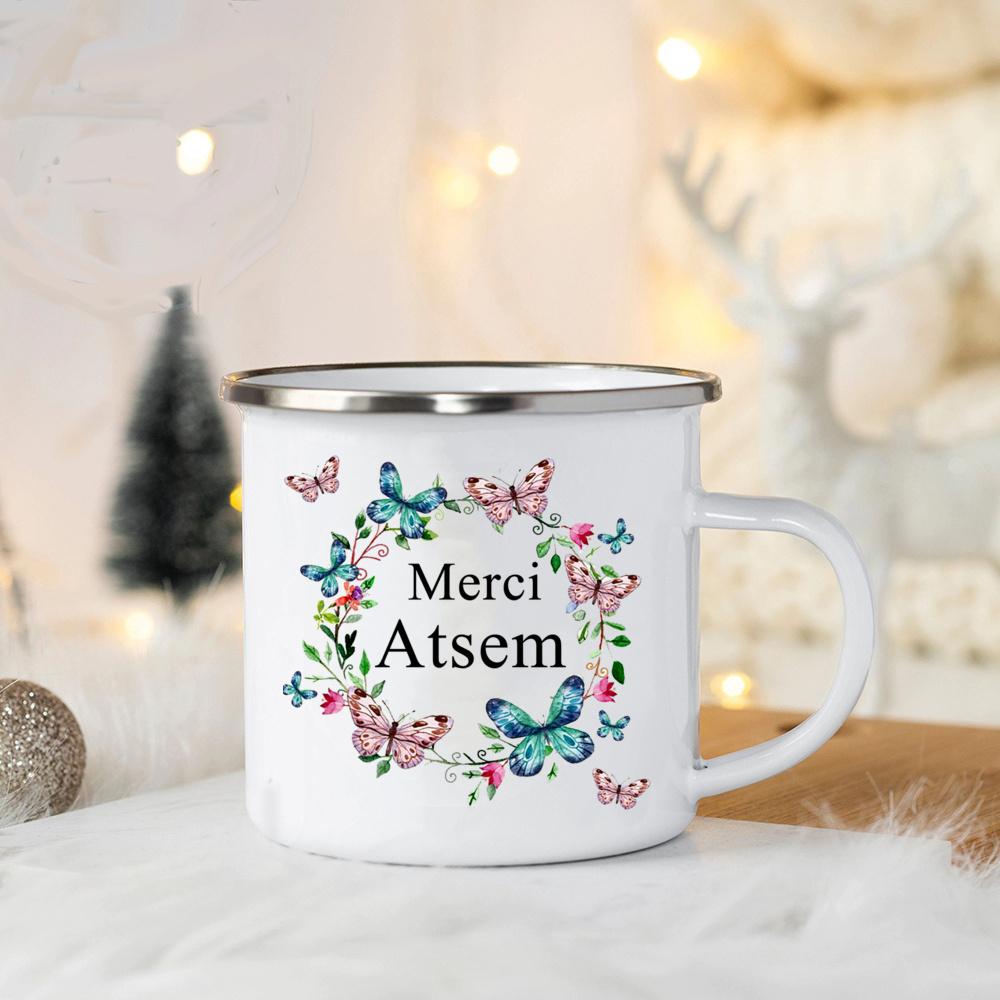 Merci Atsem In France Enamel Mugs Teacher's Day Drink Juice Coffee Dessert Cocoa Milk Handle Mug Festive Birthday Gifts