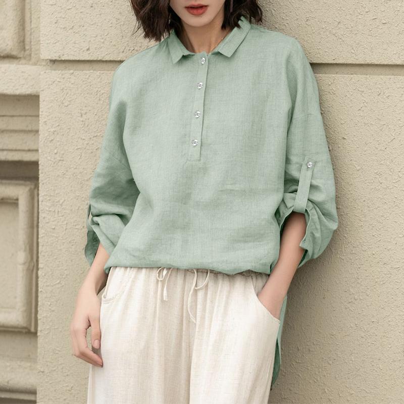 ZANZEA Womens Turn Down Collar Loose 3/4 Sleeve Solid Blouse