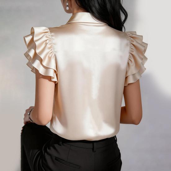 Women Shirt Lapel Ruffle Short Sleeve Single Breasted Shirt Tops Pure Color Smooth Satin