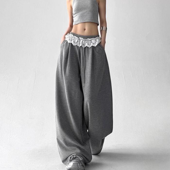 Lace Splicing Jazz Dancing Fart Curtain Pants Niche Loose and Thin Black Sports Casual Wide-leg Pants Black Wide-leg Pants