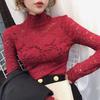 Autumn Spring Sexy Women Long Sleeve Lace Blouses High Collar Inner Wear Lace Crochet Shirt Base Tunic Top Perspective Vintage Bottom Blouse