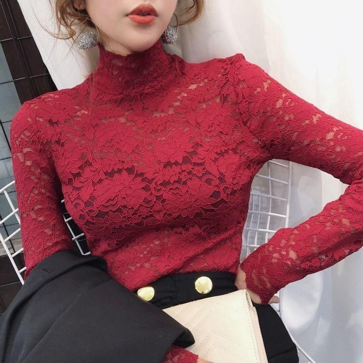 Autumn Spring Sexy Women Long Sleeve Lace Blouses High Collar Inner Wear Lace Crochet Shirt Base Tunic Top Perspective Vintage Bottom Blouse
