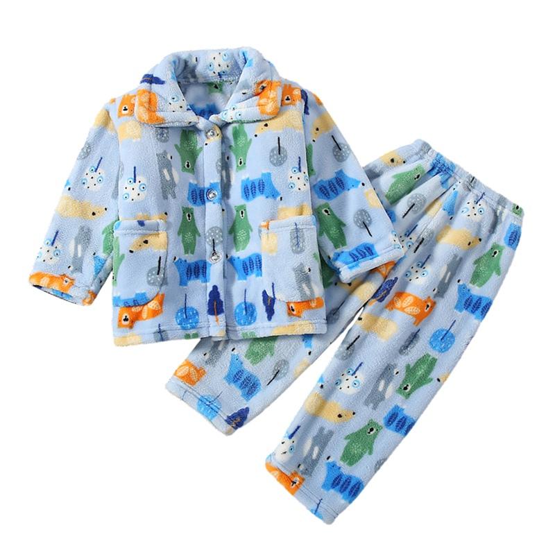 1-14 let Dětská kreslená tištěná teplá zahuštěná pyžamová souprava fleecové domácí oblečení