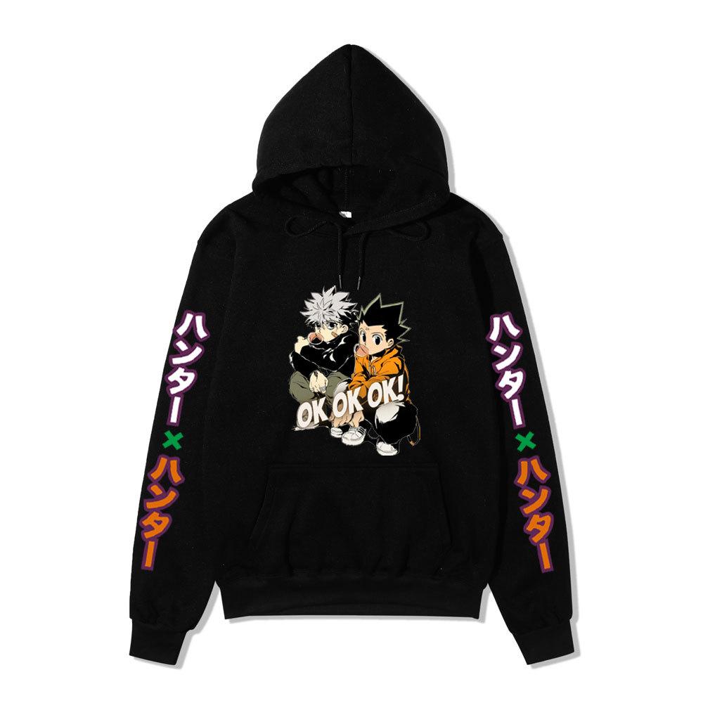 Hunter X Hunter Gon Killua Unisex Fleece Hoodie Vertical Japanese Text Sleeve Anime OK Print Long Sleeve Pullover Sweatshirt
