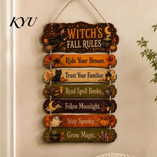 Hanging Wooden Plaque Witch's Fall Rules Sign, Vintage Halloween Wood Wall Rustic Style Art Farmhouse for Outdoor Porch Yard, Home Decor Black