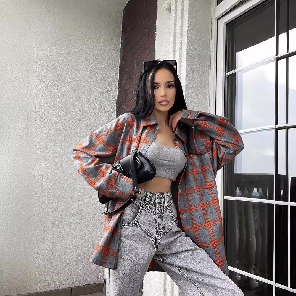 2024 Retro Plaid Lapel Loose Long-Sleeve Women's Shirt