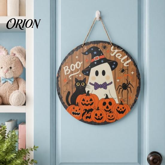 Halloween Wooden Hanging Sign Boo Wood Door Hanger with Cute Ghost Black Hat Pumpkin Print, Front Cat Wall Decor Porch Decor, Round Plaque for Indoor